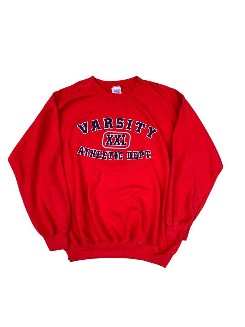 Vintage varsity athletic dept sweatshirt (Category: Hoodies) located in Lipa City. Submitted by inglowetrust (Listing ID 1467401257, Image 1). Description: Varsity Athletic Dept Sweatshirt Size: M Width: 20 Length: 26 Type: Red crewneck sweatshirt Print: “VARSITY” “XXL” “ATHLETIC DEPT.” navy with white outline Tag: Gildan Heavy .