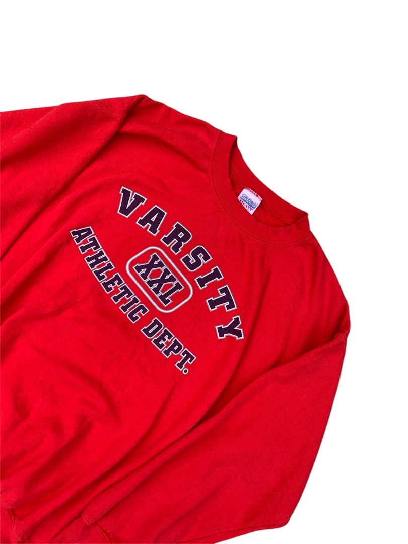 Vintage varsity athletic dept sweatshirt (Category: Hoodies) located in Lipa City. Submitted by inglowetrust (Listing ID 1467401257, Image 2). Description: Varsity Athletic Dept Sweatshirt Size: M Width: 20 Length: 26 Type: Red crewneck sweatshirt Print: “VARSITY” “XXL” “ATHLETIC DEPT.” navy with white outline Tag: Gildan Heavy .