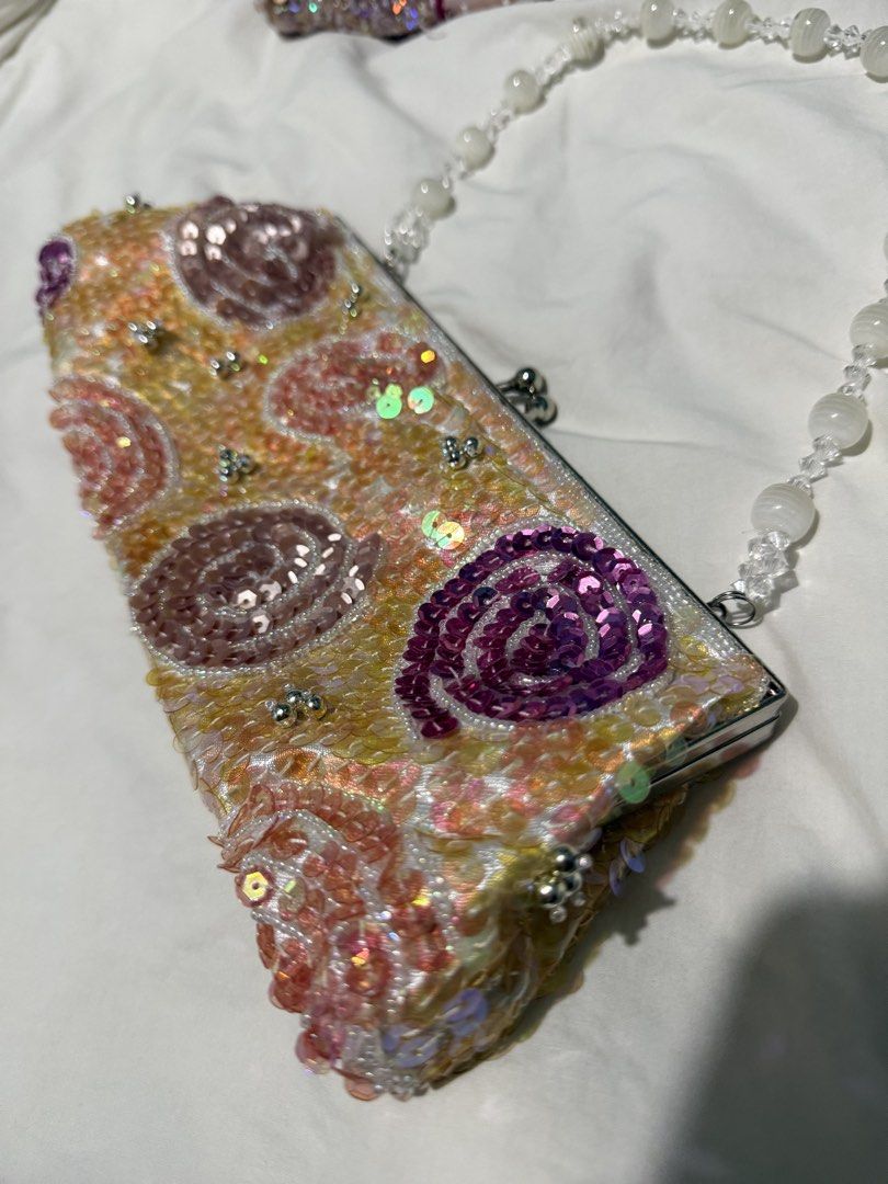 Vintage Y2K Beaded Sequin Evening Clutch Bag (Category: Clutches) located in Manila. Submitted by trinkets_and_threads (Listing ID 1467492219, Image 2). Description: Iridescent Pink Yellow Vintage Y2K Beaded Sequin Kiss lock Bag / Clutch (YELLOW IRIDESCENT BEADED KISSLOCK BAG ONLY) Like New. NO ISSUE RFS : Need Money Tags : Yellow Beaded Bag / Pink / Barbie / Beaded Bags / Beaded Clutch / Vintage / Y2k / Kisslock Bag / Fairycore / Fantasy / Fairy