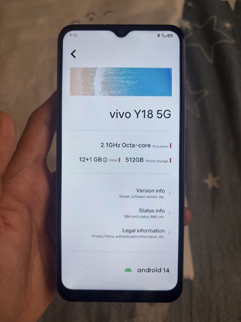 Vivo Y18 5G (Category: Vivo) located in Calumpit. Submitted by edrianpangilinan (Listing ID 1467456827, Image 3). Description: 📲 VIVO Y18 - Korean variant/premium copy - 5G ready - 12GB RAM / 512GB Internal Storage - Android 14 - Side-mounted fingerprint scanner, 3.5mm headphone jack, USB-C port - With box & Earphones - Color: Starry Purple Issue: • May crack sa rear cam but not affected when taking pictures 📌 Loc: Pasig – Open for meet-up.