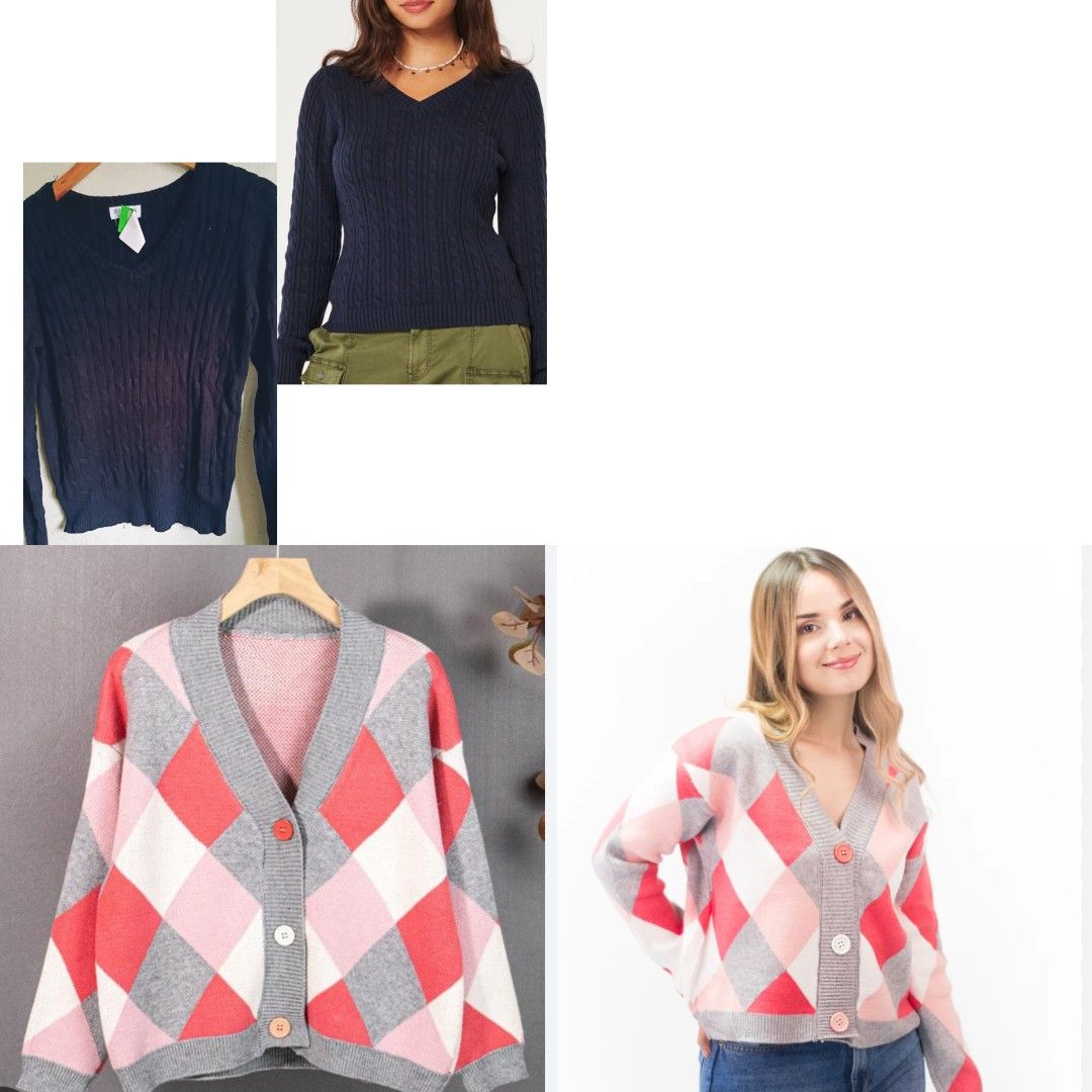 V-Neck Sweaters Dark Blue and Pink Argyle (Category: Longsleeves) located in Quezon City. Submitted by cathyignaciogo09 (Listing ID 1467556258, Image 1). Description: - 2-piece sweater bundle for versatile cold-weather styling - Piece 1: Solid dark blue cable knit V-neck sweater medium to large - Piece 2: Grey, pink, and red argyle cardigan with front buttons - Both feature long sleeves and a comfortable standard fit - Made from soft, lightweight