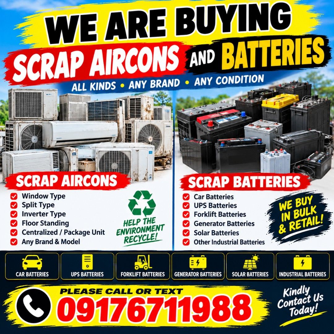 We Buy Scrap Aircons and Batteries (Category: Construction & Building Materials) located in Quezon City. Submitted by rjhayehm03 (Listing ID 1467477400, Image 1). Description: - Buying all brands and conditions of scrap aircons and dead batteries - Accepting window type, split type, inverter units, car, UPS, forklift, and solar batteries - Retail and bulk quantities accepted - Clear out your garage or workspace fast - Fast pickup and best rates g
