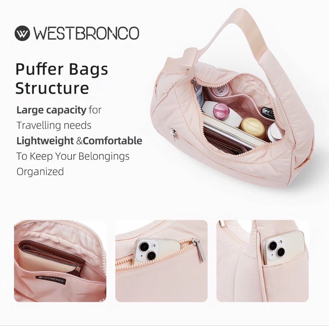 Westbronco Quilted Puffer Shoulder Bag Cream (Category: Shoulder Bags) located in Cebu City. Submitted by meowmeowmeowrie (Listing ID 1467492563, Image 3). Description: - Brand: Westbronco - Color: Creamy off-white - Material: Soft, lightweight quilted nylon - Dimensions: Approx. 10.3" L x 6.4" H x 4.1" D - Strap: Adjustable drop from 8" to 13" - Closure: Secure zip top - Storage: Multiple interior compartments and exterior pockets - Capacity: Ea