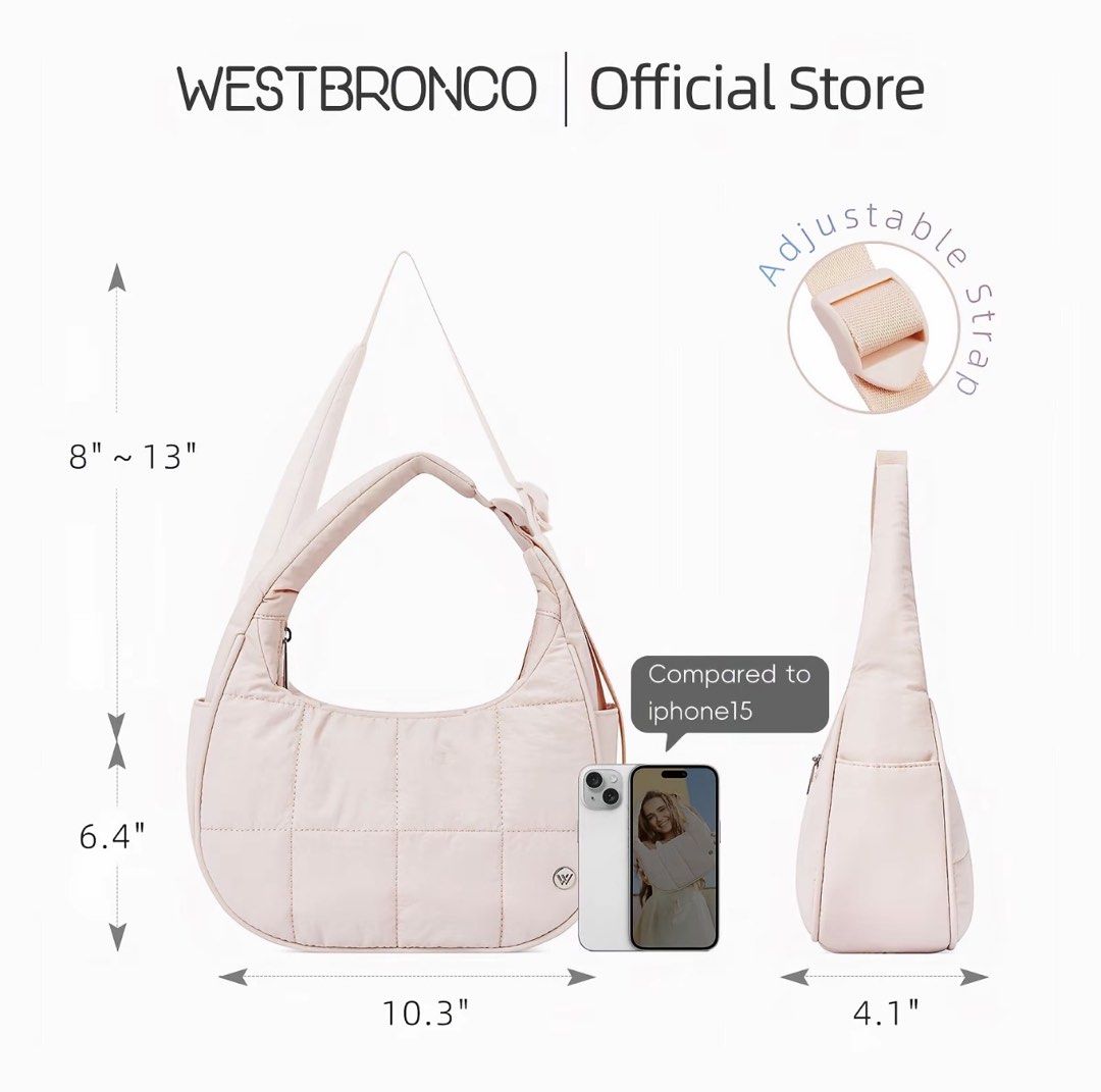 Westbronco Quilted Puffer Shoulder Bag Cream (Category: Shoulder Bags) located in Cebu City. Submitted by meowmeowmeowrie (Listing ID 1467492563, Image 2). Description: - Brand: Westbronco - Color: Creamy off-white - Material: Soft, lightweight quilted nylon - Dimensions: Approx. 10.3" L x 6.4" H x 4.1" D - Strap: Adjustable drop from 8" to 13" - Closure: Secure zip top - Storage: Multiple interior compartments and exterior pockets - Capacity: Ea