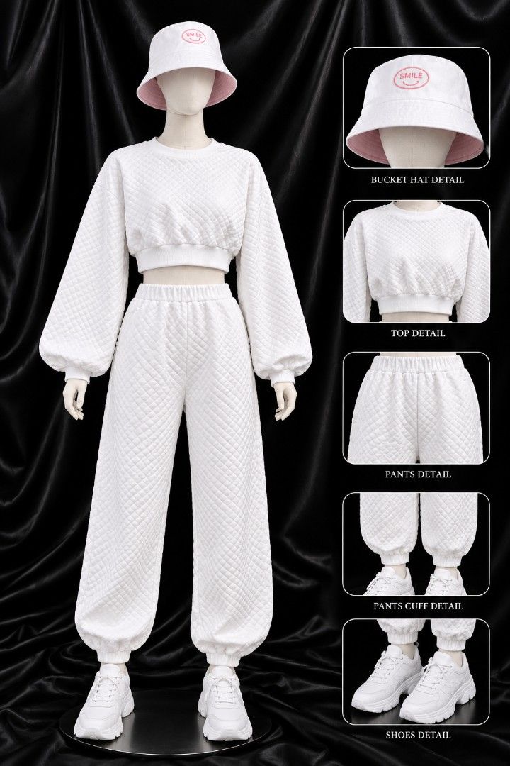 White Quilted Crop Top Pants Bucket Hat Set (Category: Sets or Coordinates) located in Bulacan. Submitted by heathersdream.c0 (Listing ID 1467436368, Image 1). Description: - 3-Piece Matching Set: Complete white outfit featuring all-over quilted texture - Cropped Long-Sleeve Top: Features dropped shoulders and a comfortable ribbed hem - High-Waisted Joggers: Designed with an elastic waistband and cinched ankle cuffs - Accent Bucket Hat: Matching 