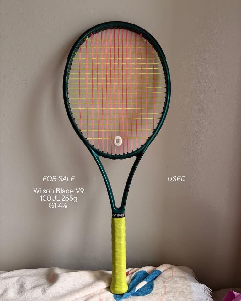 Wilson Blade V9 100UL Tennis Racket (Category: Racket and Ball Sports) located in Taguig. Submitted by cloudygg (Listing ID 1467412009, Image 1). Description: Used for a few months and still in good playing condition. Has a couple of minor paint chips from use, as shown in the photos. • Weight: 265g • Grip size: 1 • Strings: Toroline K-POP 50 lbs Can send a video upon request for a closer look at the racket and condition. ₱8000, nego for sure buy