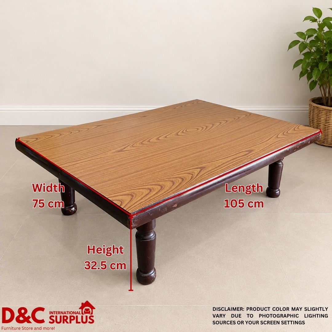 WOODEN COFFEE TABLE (Category: Tables & Sets) located in Caloocan City. Submitted by dcintsurplus (Listing ID 1467428263, Image 2). Description: WOODEN COFFEE TABLE P990 📏 DIMENSIONS: • Length: 105 cm • Width: 75 cm • Height: 32.5 cm 📋 Product Details: • Classic wood-grain design • Sturdy wooden legs • Perfect for your living room or lounge area • 2 TABLES AVAILABLE! ⚠️ Please note: This is a surplus/pre-owned item. Expect signs of previous use