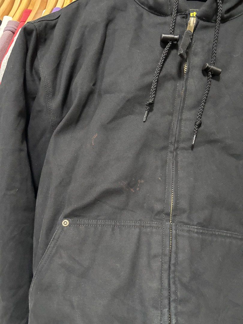 Work 'n' Sport Black Canvas Hooded Work Jacket (Category: Coats, Jackets and Outerwear) located in Paranaque City. Submitted by arcvintage (Listing ID 1467461755, Image 2). Description: Size: Large Chest: 27” Length: 28.5” Flaws: minor paint stain Color rate: 9/10 ₱1000 plus shipping fee. ________________________________________ Sizing is determined by measurements not by the garment tag. ________________________________________ Disclaimer: Arc V