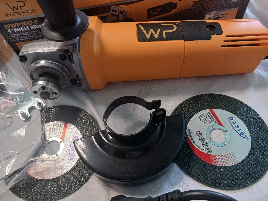 w.pierce 900W 4" Angle Grinder WWP100-1 (Category: Everything Else Others) located in Cebu City. Submitted by joecristinesayson (Listing ID 1467485388, Image 2). Description: - Brand: W.Pierce - Type: 4-inch angle grinder - Power: 900 Watts, 230V - Speed: 11000 RPM - Condition: Brand new, never used, all parts still wrapped in original retail box - Inclusions: Protective guard, side handle, wrench, manual, and 2 free Oasis abrasive cutting wheels