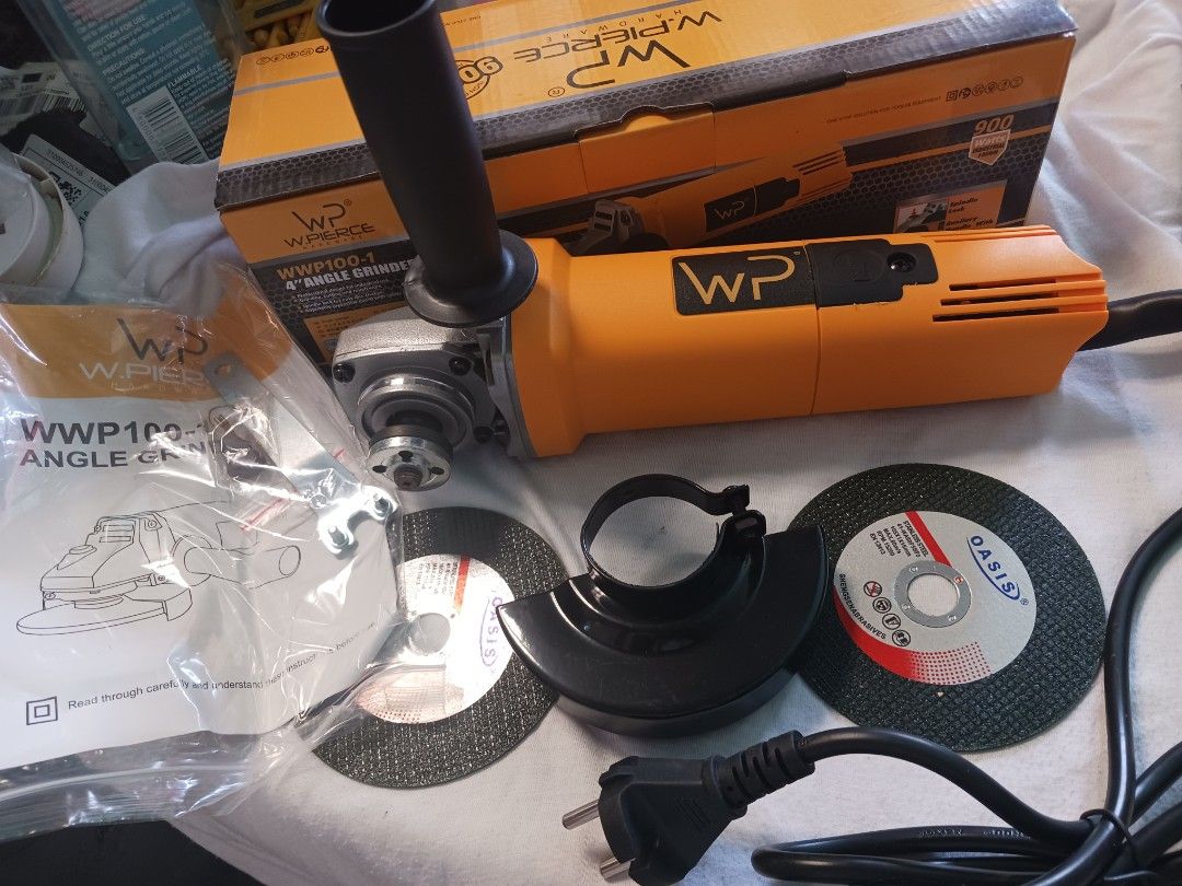 w.pierce 900W 4" Angle Grinder WWP100-1 (Category: Everything Else Others) located in Cebu City. Submitted by joecristinesayson (Listing ID 1467485388, Image 1). Description: - Brand: W.Pierce - Type: 4-inch angle grinder - Power: 900 Watts, 230V - Speed: 11000 RPM - Condition: Brand new, never used, all parts still wrapped in original retail box - Inclusions: Protective guard, side handle, wrench, manual, and 2 free Oasis abrasive cutting wheels