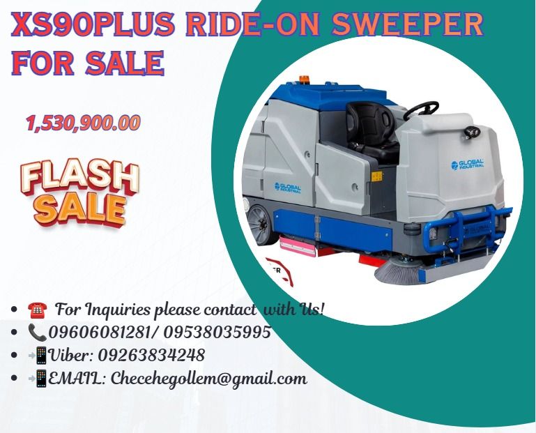 XS90plus RIDE-ON SWEEPER for sale (Category: Industrial Equipment) located in Caloocan City. Submitted by 09616968642 (Listing ID 1467374557, Image 1). Description:  Rotation brush width: 800mm  Side brush width: 500*2mm  Rotation brush motor power: 800W  Side brush power: 100*2W  Lift motor power: 100*3W  Dust vibration motor power: 100W  Bin capacity: 80L  Vacuum filter area: 9.1m³  Battery: 12*6V/200Ah  Disc brush width: 550*2mm  Br