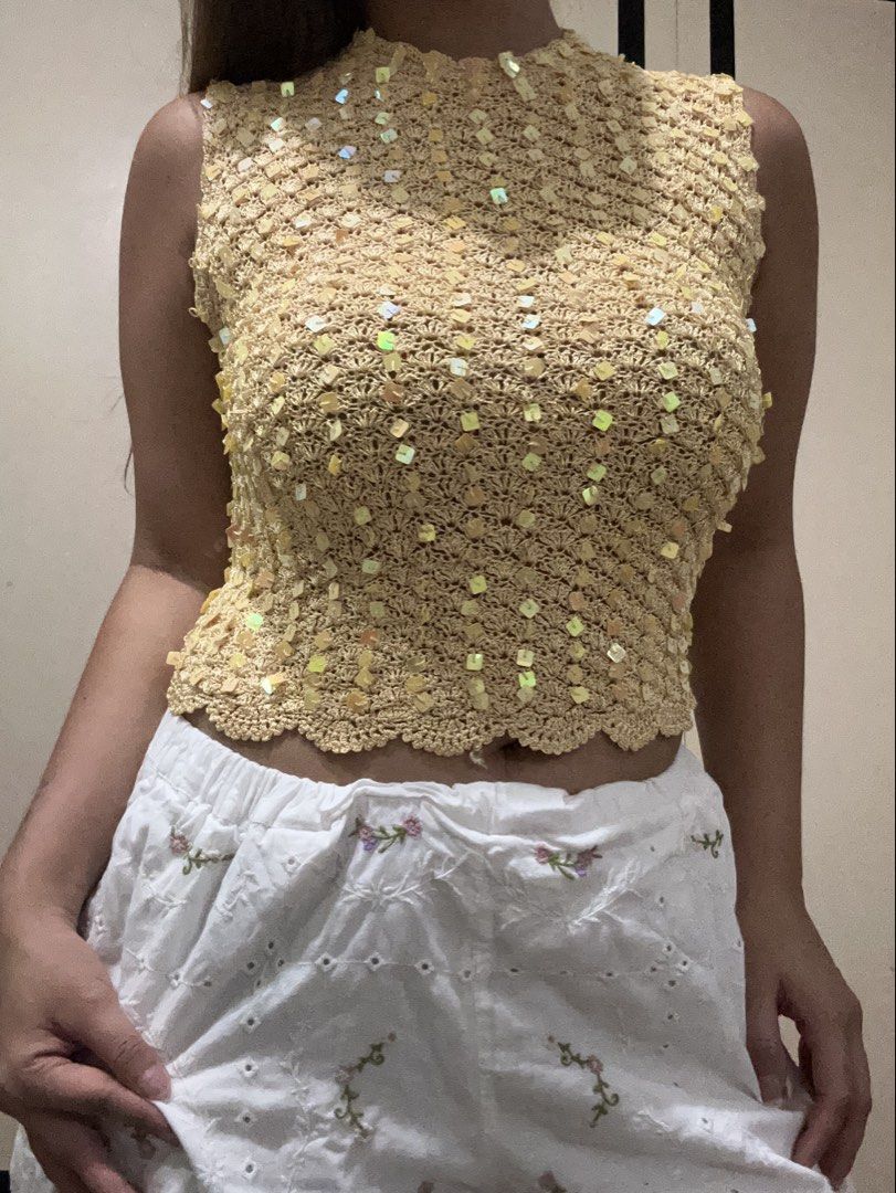 Yellow Crochet Sequin Halter Crop Top (Category: Sleeveless) located in Cavite. Submitted by lj.collection (Listing ID 1467410906, Image 2). Description: ✦ Best fits xs-s ✦ Got this on an ig shop for ₱400 ✦ Worn once ✦ No flaws! ✦ MOP: Gcash, Maya, Maribank, BDO ✦ MOD: J&T, Lalamove, Grab, Angkas.