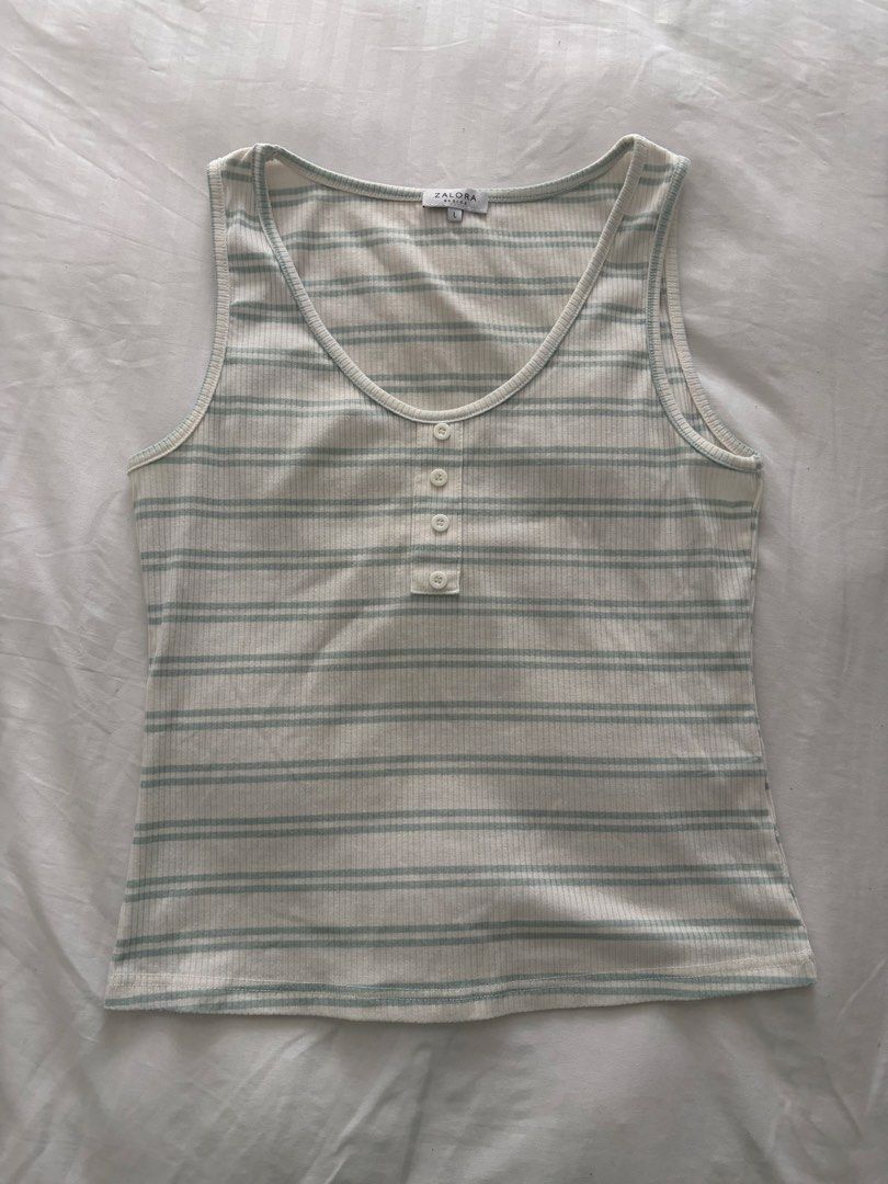 Zalora Basics Striped Ribbed Tank Top Size L (Category: Sleeveless) located in Manila. Submitted by reeses_pieces_1 (Listing ID 1467385111, Image 1). Description: — can fit for loose s and m also — super cute basic — rfs: decluttering .