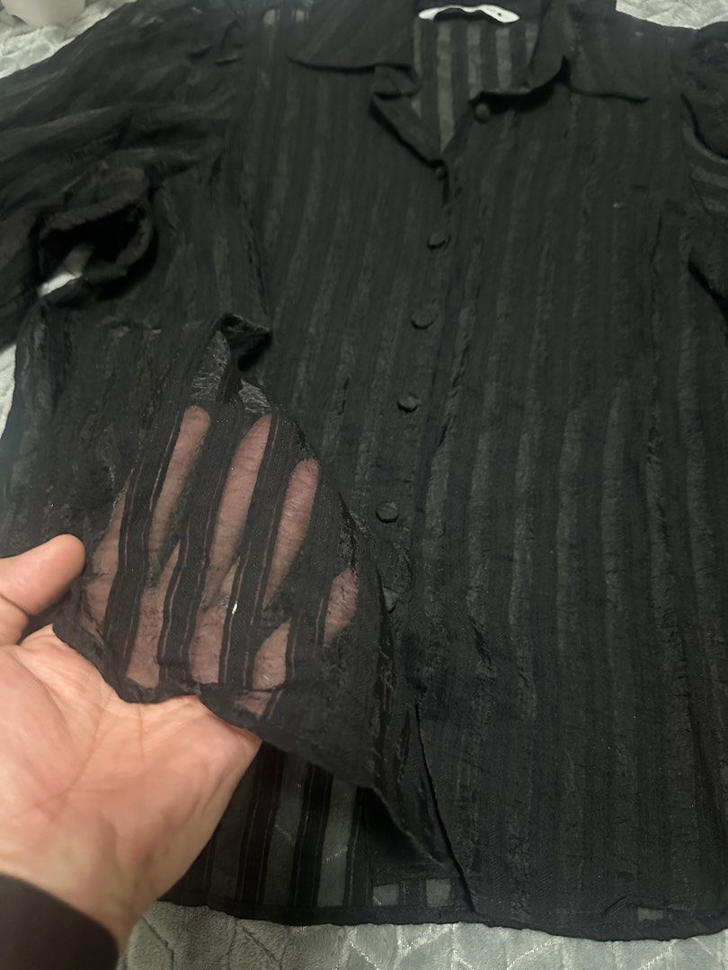Zara - Fluffy sleeves, see through. (Category: Blouses) located in Caloocan City. Submitted by fabs_preloved01 (Listing ID 1467522042, Image 3). Description: Zara Blouse - See through - Fluffy sleeves - Size M.