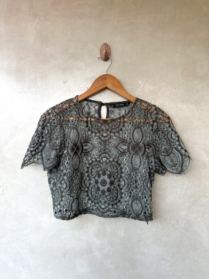 ZARA - Green Cropped Lace Top (Category: Shirts) located in Cavite. Submitted by hand.picked (Listing ID 1467482064, Image 2). Description: ZARA - Green Cropped Lace Top Size: Medium Dimension: 18.5” Width / 16” Length Condition: Excellenf.