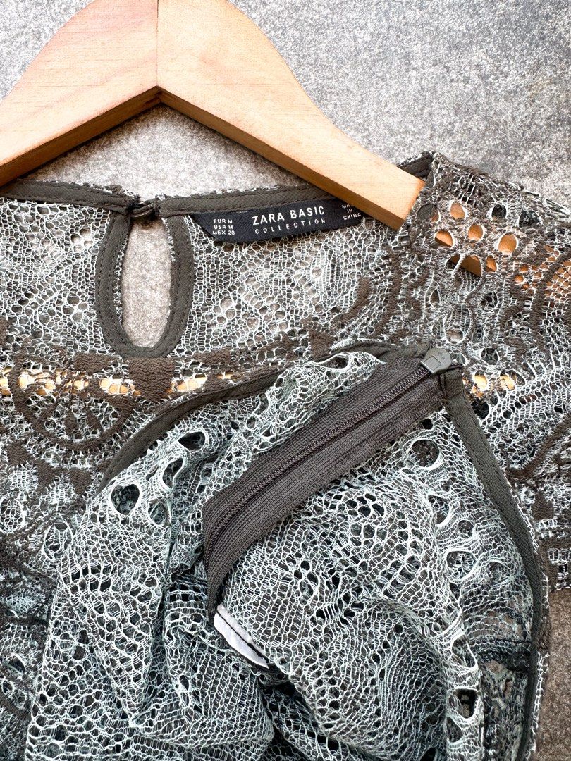 ZARA - Green Cropped Lace Top (Category: Shirts) located in Cavite. Submitted by hand.picked (Listing ID 1467482064, Image 3). Description: ZARA - Green Cropped Lace Top Size: Medium Dimension: 18.5” Width / 16” Length Condition: Excellenf.