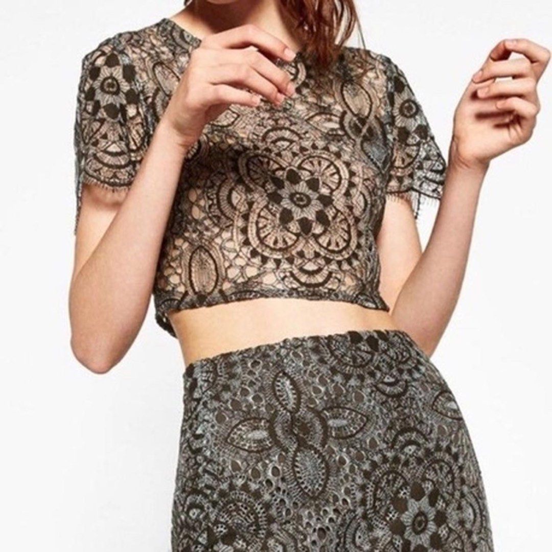 ZARA - Green Cropped Lace Top (Category: Shirts) located in Cavite. Submitted by hand.picked (Listing ID 1467482064, Image 1). Description: ZARA - Green Cropped Lace Top Size: Medium Dimension: 18.5” Width / 16” Length Condition: Excellenf.