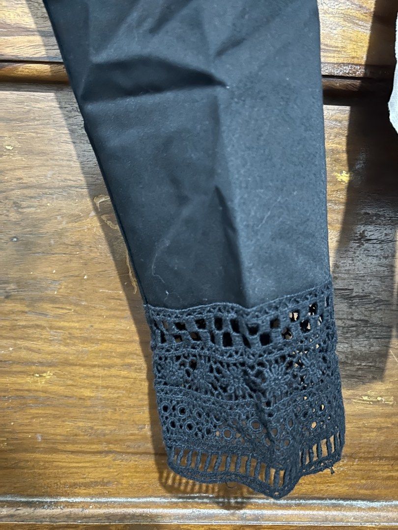 Zara Basic Black Trousers with Lace Hem Size XS (Category: Jeans) located in Sorsogon. Submitted by jonacel (Listing ID 1467496762, Image 3). Description: - Brand: Zara Basic - Color: Classic Black - Size: XS (Waist: approx. 14" laid flat) - Style: Tailored trousers with unique crochet lace cuff detail - Fabric: Slightly stretchy for added comfort - Condition: Clean and ready to wear - Versatile piece ideal for office wear or dressing up.
