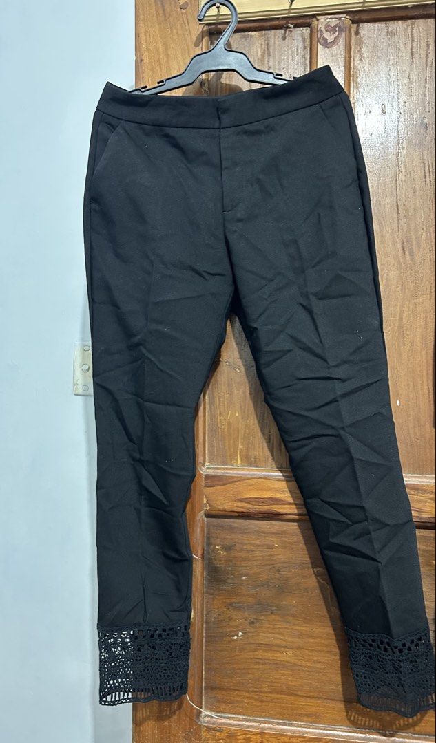 Zara Basic Black Trousers with Lace Hem Size XS (Category: Jeans) located in Sorsogon. Submitted by jonacel (Listing ID 1467496762, Image 2). Description: - Brand: Zara Basic - Color: Classic Black - Size: XS (Waist: approx. 14" laid flat) - Style: Tailored trousers with unique crochet lace cuff detail - Fabric: Slightly stretchy for added comfort - Condition: Clean and ready to wear - Versatile piece ideal for office wear or dressing up.