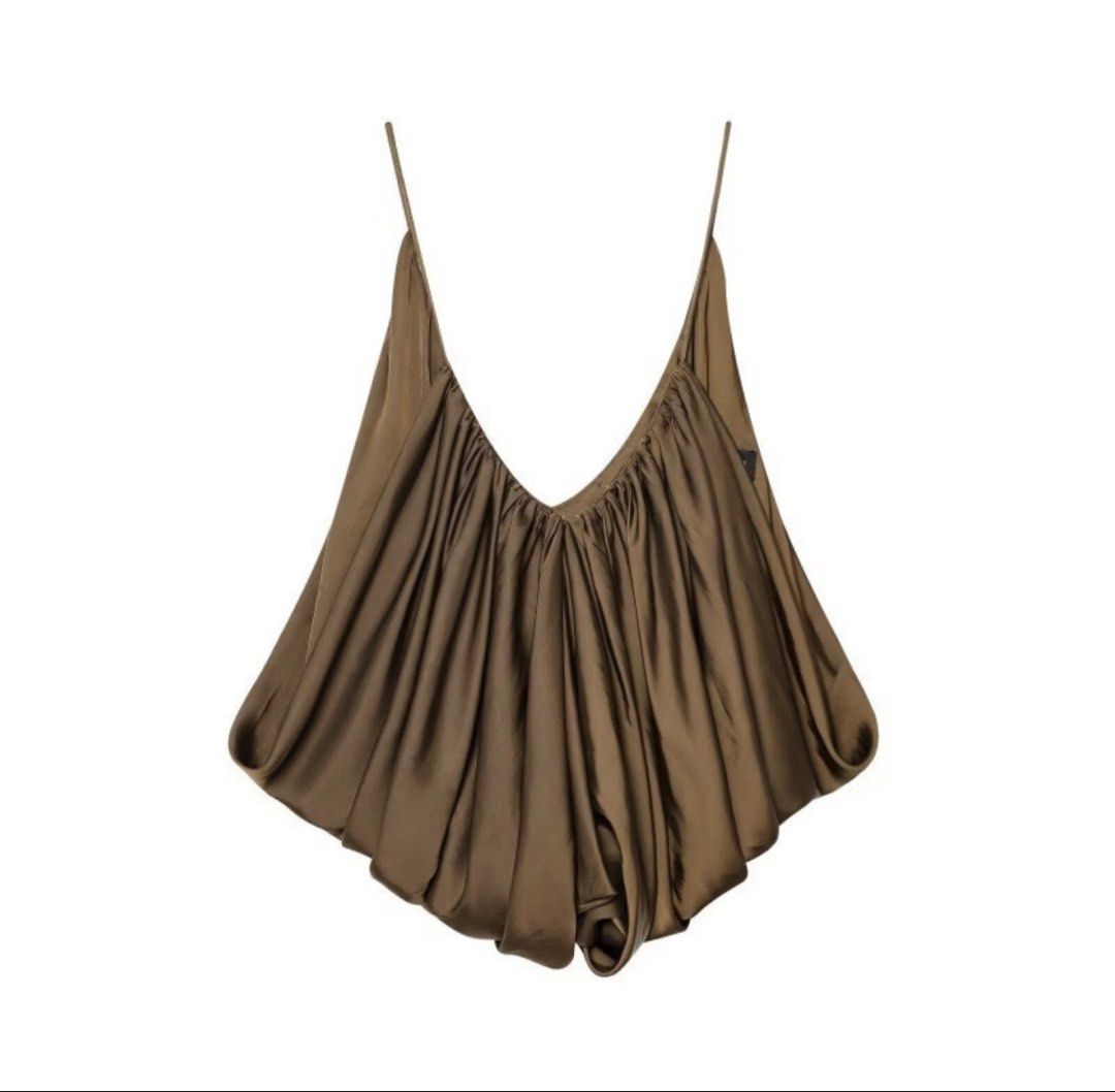 Zara Brown Silk Satan Draped Top (Category: Sleeveless) located in Mandaluyong City. Submitted by beyfinds (Listing ID 1467567841, Image 1). Description: Bought this for 3,000++ Authentic Zara Perfect for night outs; pairs effortlessly with denim jeans or skirts. Used once only. Can pass as brand new..