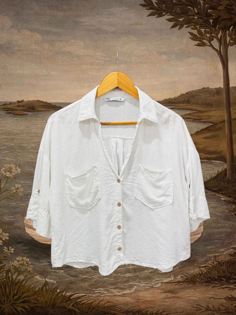 Zara Cropped Linen Polo (Category: Blouses) located in Dasmarinas. Submitted by thrifteefinds (Listing ID 1467377043, Image 1). Description: Zara linen cropped polo Size: M 19W 20L Excellent condition M/Mine: 550.