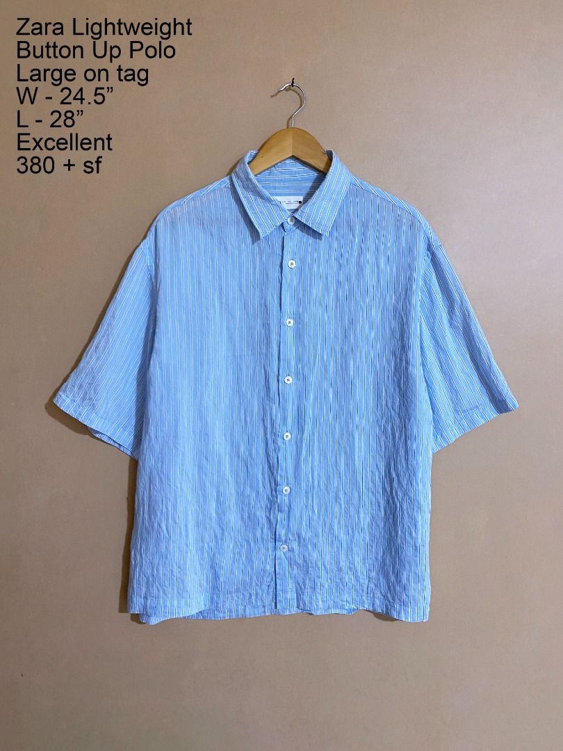 Zara Lightweight Striped Button Up Polo (Category: Tshirts & Polo Shirts ) located in Cadiz. Submitted by thespotcdz (Listing ID 1467398862, Image 1). Description: Large on tag Width 24.5" Length 28" Excellent condition.