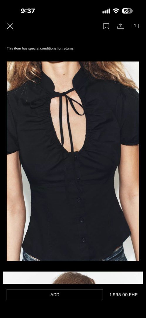 Zara poplin tie top (Category: Blouses) located in Los Banos. Submitted by ZaraAll (Listing ID 1467370755, Image 2). Description: Washed only. Never used. Still in stores for 1995 pesos. Very pretty 🖤🖤🖤Fits s-l .