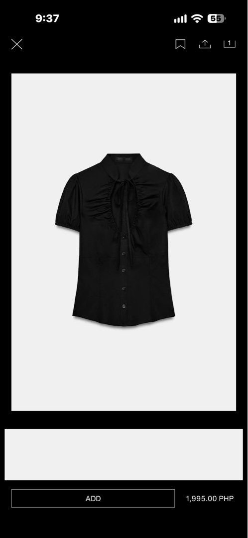 Zara poplin tie top (Category: Blouses) located in Los Banos. Submitted by ZaraAll (Listing ID 1467370755, Image 3). Description: Washed only. Never used. Still in stores for 1995 pesos. Very pretty 🖤🖤🖤Fits s-l .