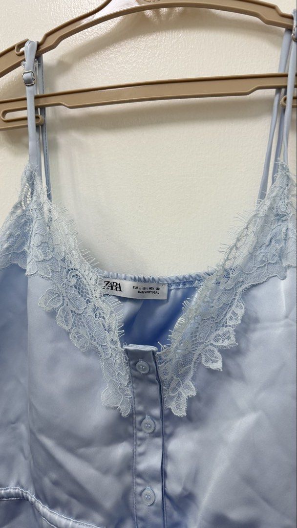 Zara satin top (Category: Blouses) located in Manila. Submitted by ksunbeams (Listing ID 1467471828, Image 2). Description: Zara baby blue satin top 🩵 🌀Like new (once used only)! 🌀 Fits M-L (adjustable) 🌀 Negotiable!! 🌀 Dm for when worn .