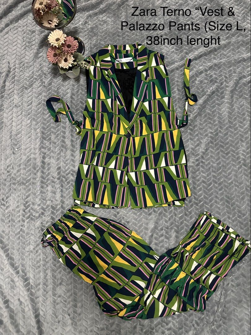 Zara Terno ( Vest & Palazzo) (Category: Sets or Coordinates) located in Caloocan City. Submitted by fabs_preloved01 (Listing ID 1467517590, Image 1). Description: Zara Terno Vest and Palazzo Pants (Size L and 38 inches length).