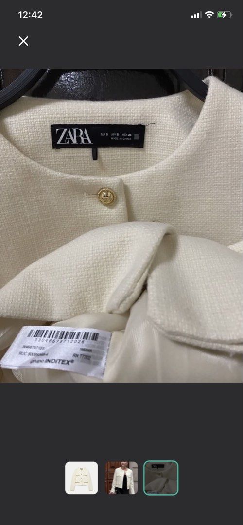 ZARA tweed Textured White Gold Button Jacket Size S cropped (Category: Coats, Jackets and Outerwear) located in Caloocan City. Submitted by araara11 (Listing ID 1467397387, Image 3). Description: - Brand: Zara - Style: Structured jacket with round neckline - Color: Cream white - Size: S (tag still attached) - Details: Gold-toned metal buttons, 4 front patch pockets - Condition: Brand new with tags, fully lined interior.