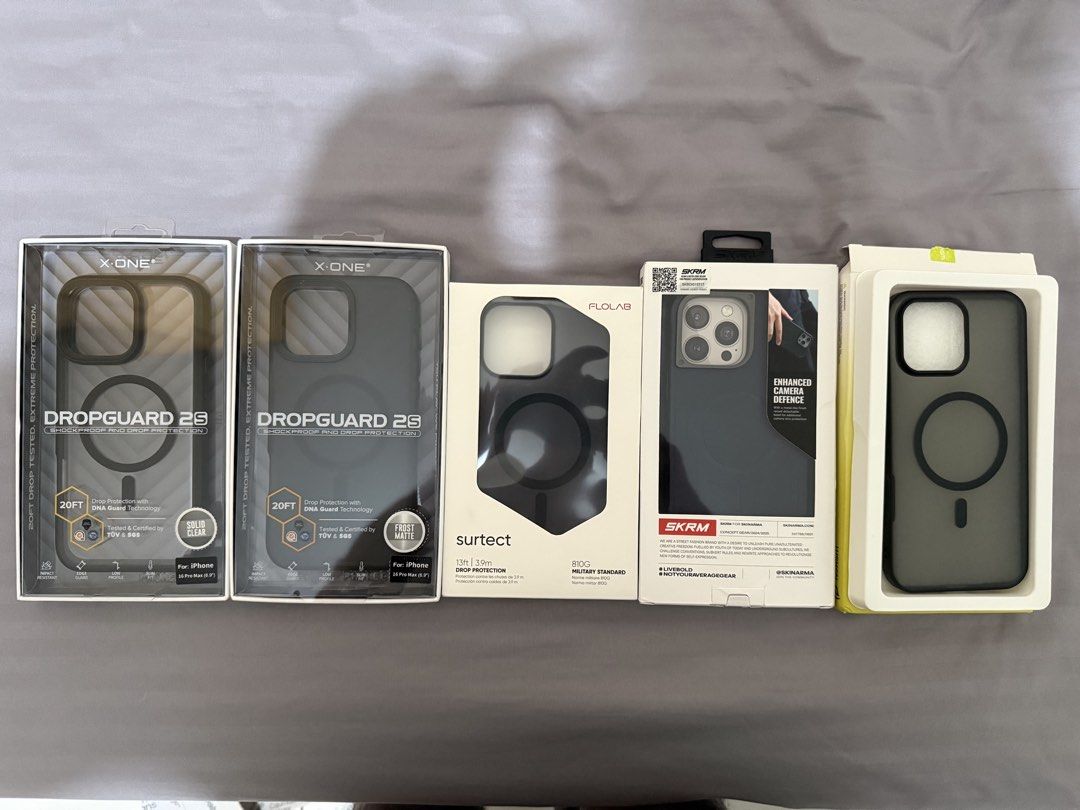 16 Pro Max Cases (Category: Cases & Sleeves) located in Angeles City. Submitted by verttt (Listing ID 1467790422, Image 1). Description: From left to right - X One DropGuard 2S (Clear) 8/10 - X One DropGuard 2S (Matte Black) 7/10 - Flolab Surtect (Matte Black) 8/10 - Skinarma Mecha (Blue) 9/10 - WSKEN with camera control button (Matte) 9/10 RFS: Upgrade Take all for 1800 (Negotiable) Angeles, Pampanga Area or Shipping.