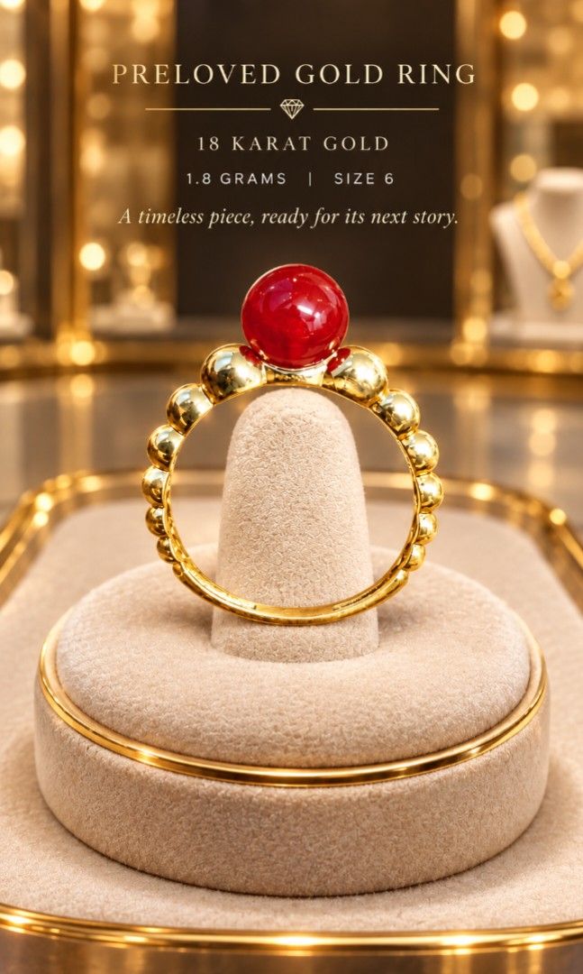 18K Gold Ring with Red Stone US Size 6 (Category: Rings) located in Caloocan City. Submitted by fastfox_316d35 (Listing ID 1467672506, Image 1). Description: - Material: Solid 18K Yellow Gold (Hallmarked Au 750) -pawnable - Stone: Vibrant red center stone - Design: Unique full-beaded band - Size: US Size 6 - Weight: 1.8 grams - Condition: Clean, polished, and ready to wear.