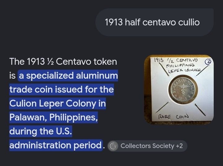 1913 Half Centavo Cullion Leper colony coin (Category: Currency) located in Manila. Submitted by wildcrystal.3b537c (Listing ID 1467642663, Image 3). Description: Low mintage- 17,000pcs only.