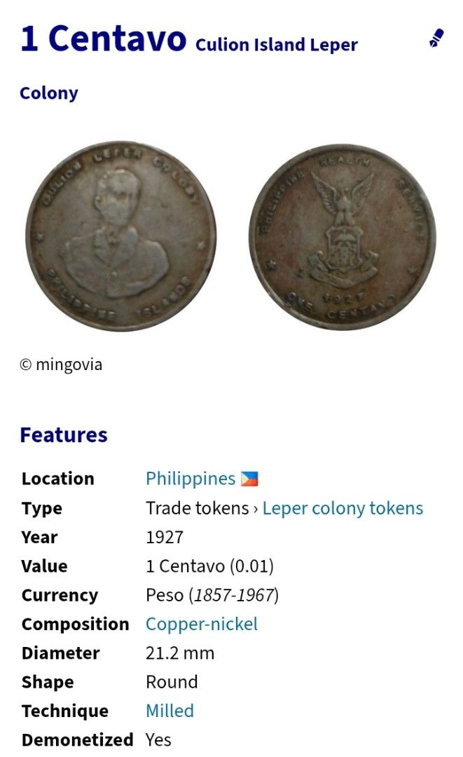 1927 1 Centavo cullion leper colony (Category: Currency) located in Manila. Submitted by bjie2700446238 (Listing ID 1467643430, Image 3). Description: Scarce and hard to find.