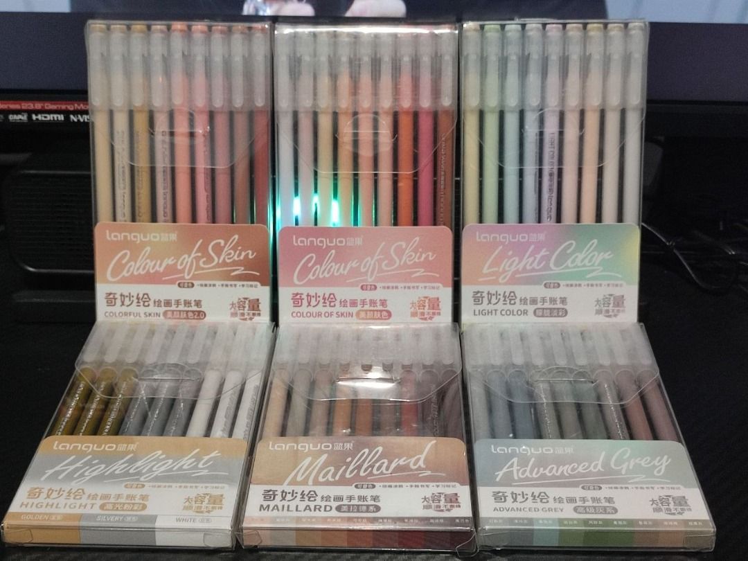 234 Languo Gel Pens (Category: Stationery & School Supplies) located in Quezon City. Submitted by zierico (Listing ID 1467745416, Image 1). Description: Take all! Used 4x. Mas prefer ang acryclic markers and will buy a bigger set. Most pens are working + Freebies of pen kuromi stacks para mas maganda flow ng pens. - Authentic Lanquo multi-color pen sets in various popular series: Colour of Skin, Maillard, Morandi, Highlight, Chinese Red, Soda Gre