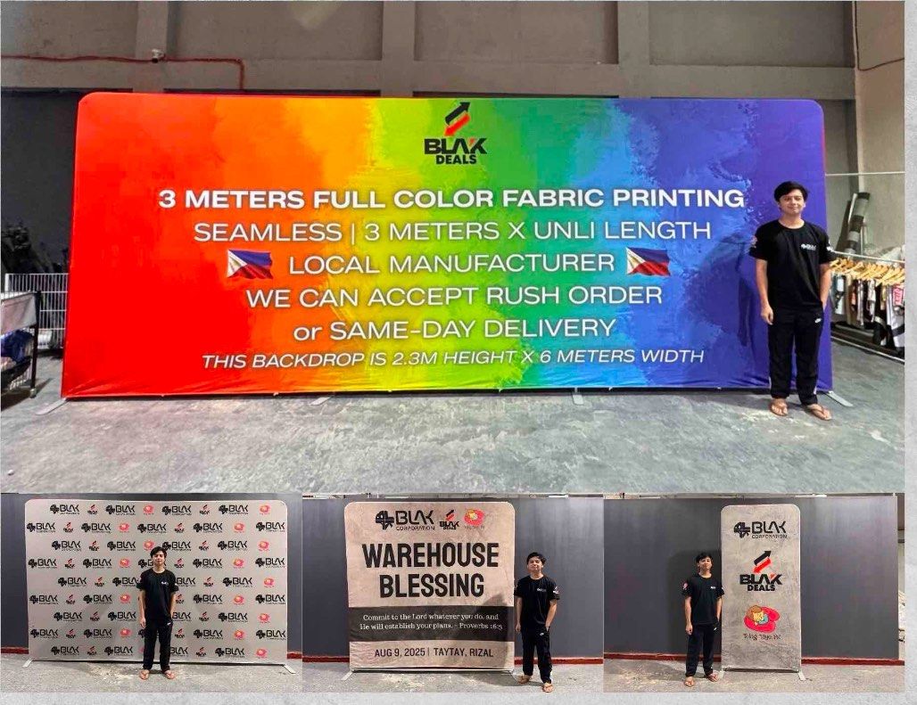 custom fabric printing (Category: Lighting & Studio Equipment) located in Manila. Submitted by sophiesalonga (Listing ID 1467617071, Image 1). Description: - Custom fabric printing service by Blak Deals (Taytay, Rizal manufacturer) - Size: 2.3 meters (H) x 6 meters (W) seamless setup - Vibrant full-color printing with a stunning rainbow gradient design - Durable metal stand already included - Rush orders and same-day delivery options available.