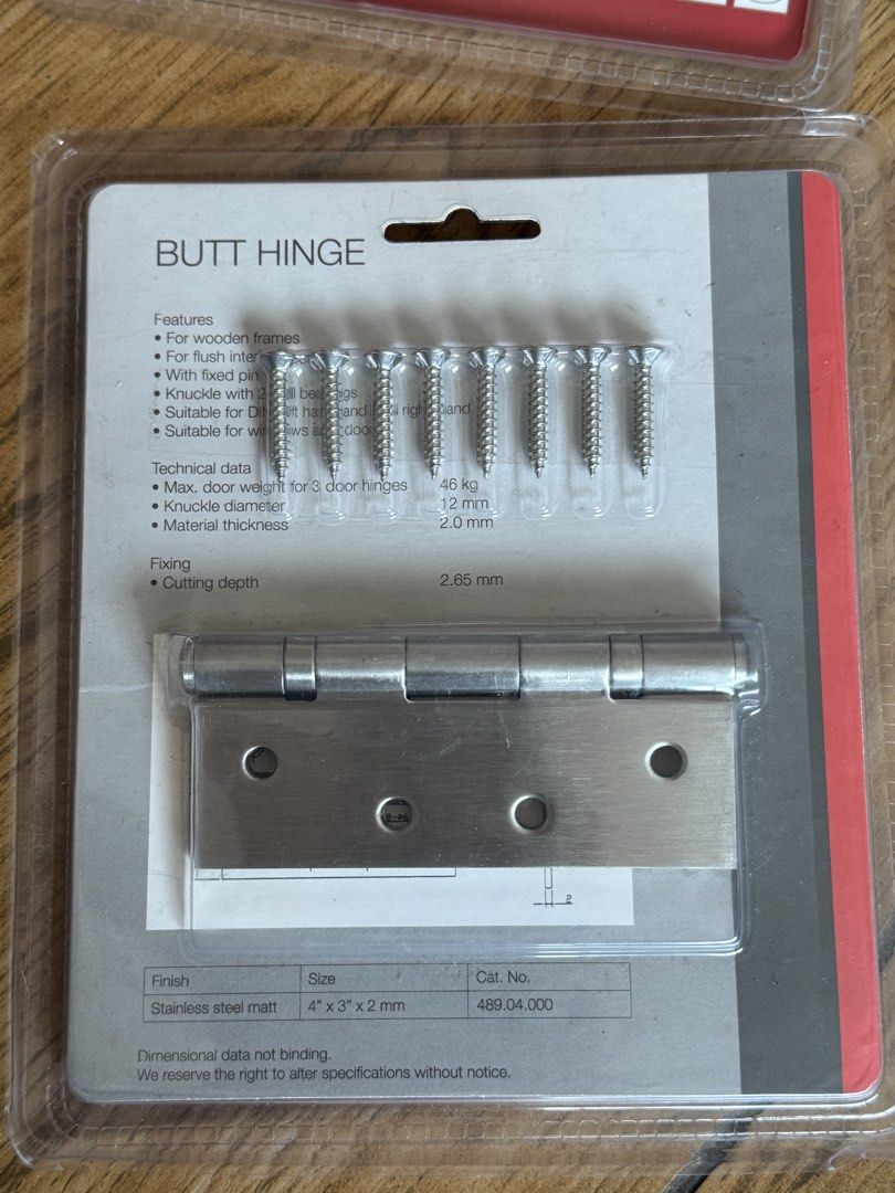 4” Hafele Butt Hinge Door Hinge (Category: Locks, Doors & Gates) located in Paranaque City. Submitted by greyolive293233 (Listing ID 1467661673, Image 3). Description: Hafele Door Butt Hinge 4” 3 pcs 4 small door hinge for cabinet doors. Original, bought in Wilcon. Stainless Steel 1,600 php for everything - Includes Häfele 4-inch butt hinges complete with screws - Includes Direct Hardwares hinges (Model: DH-CQ-02) - Finish: Silver tone in matte a