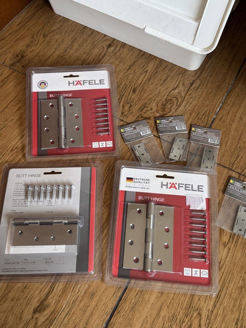 4” Hafele Butt Hinge Door Hinge (Category: Locks, Doors & Gates) located in Paranaque City. Submitted by greyolive293233 (Listing ID 1467661673, Image 1). Description: Hafele Door Butt Hinge 4” 3 pcs 4 small door hinge for cabinet doors. Original, bought in Wilcon. Stainless Steel 1,600 php for everything - Includes Häfele 4-inch butt hinges complete with screws - Includes Direct Hardwares hinges (Model: DH-CQ-02) - Finish: Silver tone in matte a