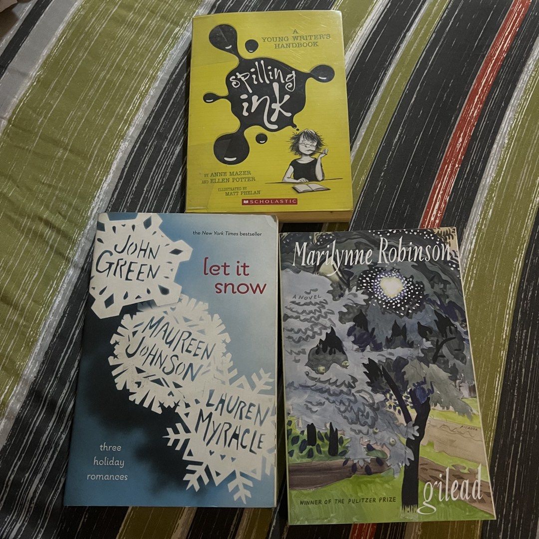 5 books take all for 200 (Category: Storybooks) located in Malabon City. Submitted by minidressmonster (Listing ID 1467768806, Image 2). Description: decluttering!! plsss take em all i need storage space huhu PRICE IS NEGO let it snow by john green, mary johnson, and lauren myracle gilead by marylinne robinson spilling ink by anne mazer and ellen potter drums, girls + dangerous pie and after ever after by jordan sonnenblick.
