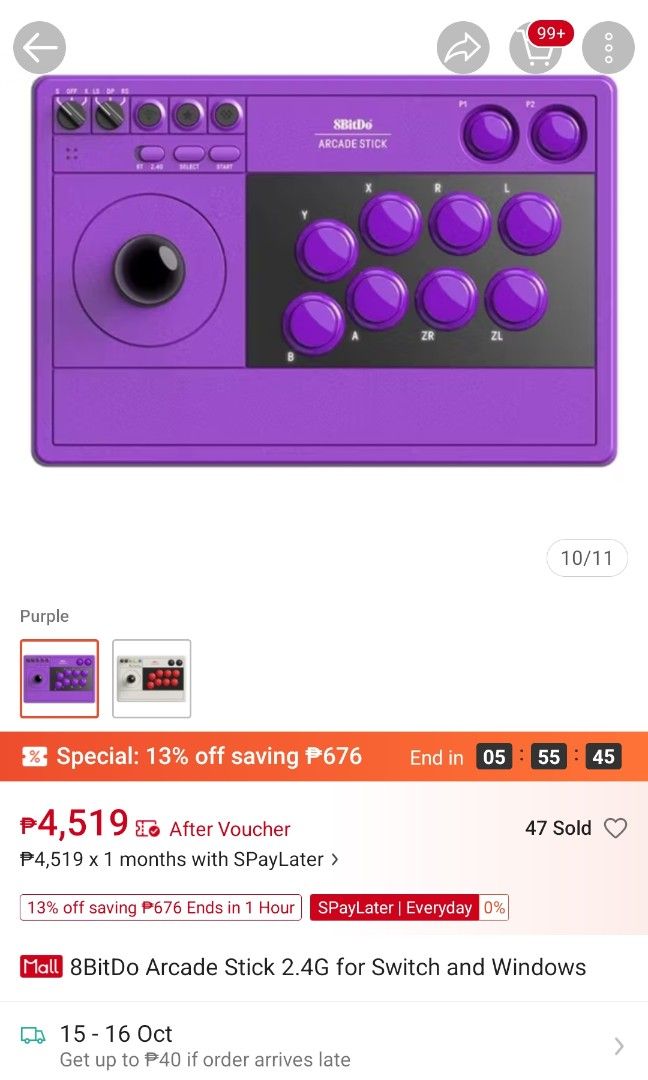 8BitDo Arcade Stick for Switch and PC (Category: Controllers) located in Manila. Submitted by drei19andr69961 (Listing ID 1467706263, Image 3). Description: - Model: 8BitDo Arcade Stick (Beige with classic red action buttons and black ball top) -RFS: May 8bitdo ultimate 2 controller na -Ginamit lang for tekken 7 and 8 - Compatibility: Nintendo Switch and Windows PC - Connectivity: Wireless Bluetooth and USB-C wired mode - Condition: Clean surface