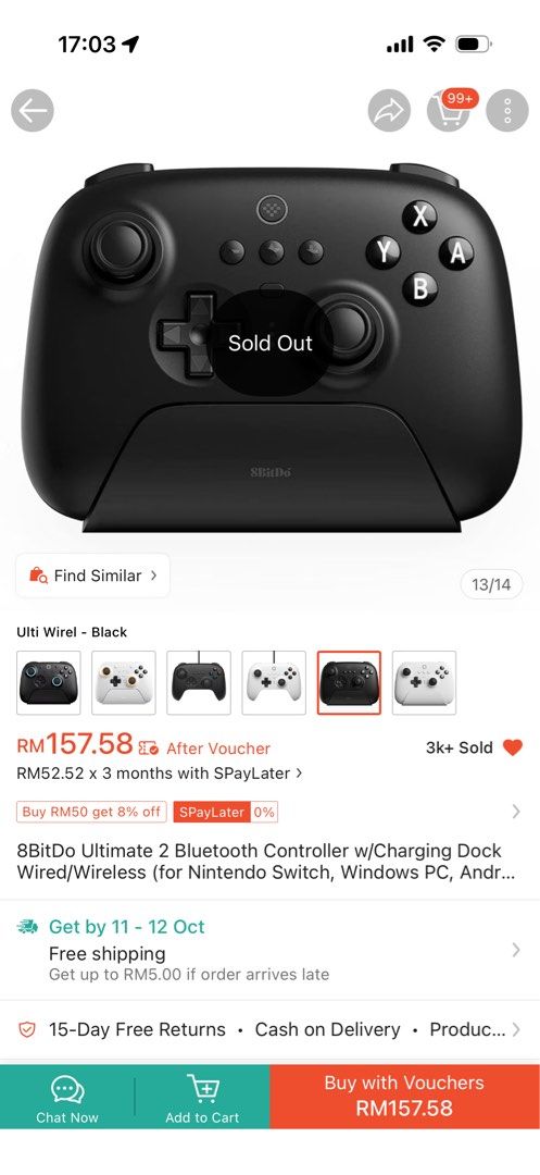 8BitDo Bluetooth Controller (Category: Controllers) located in Rembau. Submitted by aenasydh17 (Listing ID 1467745061, Image 3). Description: Details: -Brand: 8BitDo -Model: First version (original version) -Colour: Black -Condition: Used, with visible wear on the left analogue stick (as shown in the pictures) -Still fully functional (can dm me for video) 💰 Price: RM80 📍 Location: Negeri Sembilan 📦 Postage / COD: Can dm me Any inquiries just d