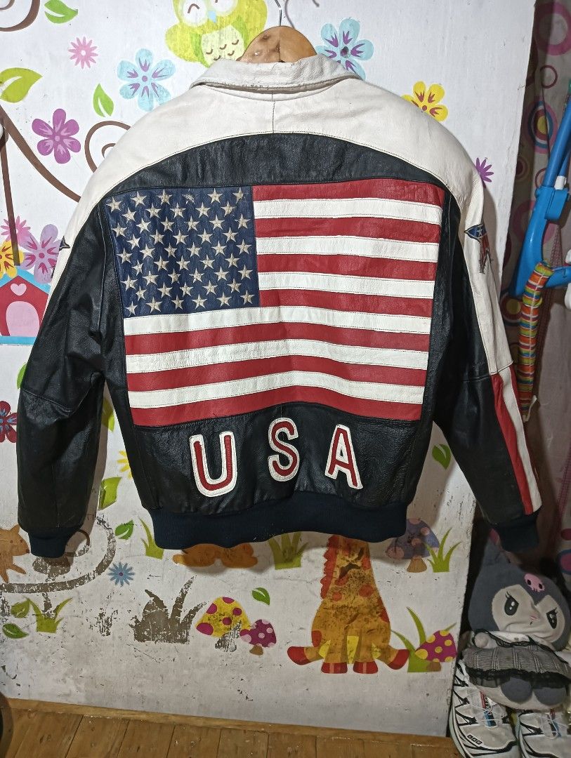 90'S USA LEATHER BOMBER JACKET (Category: Coats, Jackets and Outerwear) located in Taguig. Submitted by dandanathriftshop (Listing ID 1467709265, Image 2). Description: VERYGOOD CONDITION FOR A VINTAGE PIECE FROM 90'S JACKET SEE PICTURES FOR OTHER SIGN OF USAGE LARGE ON TAG 24 WIDTH 26 LENGTH DM 📥.