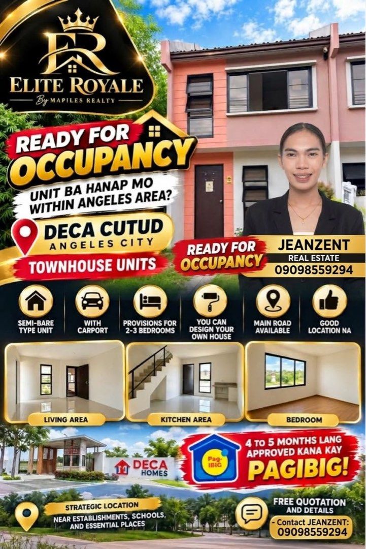 🏡 House for sale (Category: House & Lot) located in Angeles City. Submitted by jeanvlsc (Listing ID 1467819736, Image 1). Description: DECA CUTUD ANGELES CITY Main road units available Few units left nalang Semi bare type unit With parking area Provisions for 2 to 3 bedroom Ready for occupancy unit na within 3 to 4 months Located in Deca Cutud Angeles Near Marquee Mall and NLEX 5k Reservation fee Free SITE TRIPPING And Quotation Jeanzent Real Es