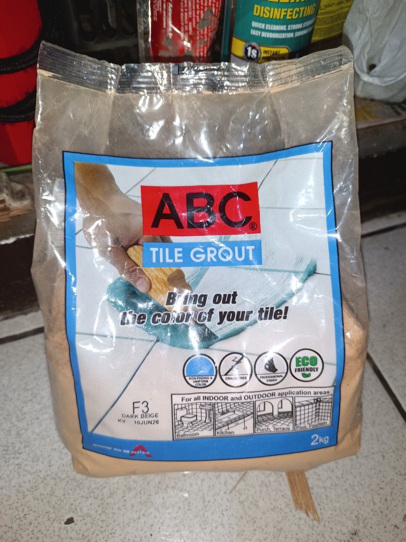 ABC Tile Grout 2kg Dark Beige F3 (Category: Construction & Building Materials) located in Quezon City. Submitted by lockie.e (Listing ID 1467703649, Image 1). Description: ABC Tile Grout in Dark Beige. 2kg bag, unopened packaging. Non-fading, crack-free, professional finish. Indoor and outdoor application areas like bathroom, kitchen, porch, terrace, pool, fountain. Mix with water or tile grout waterproofing. Covers approximately 8 square meters 