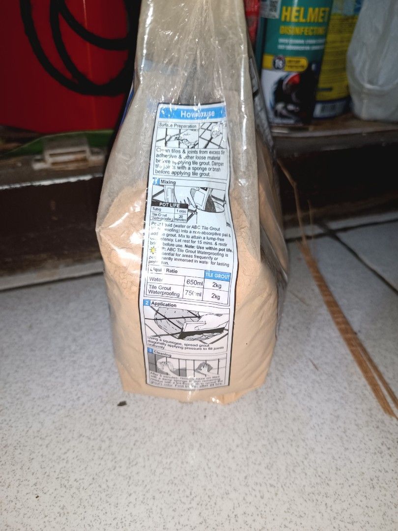 ABC Tile Grout 2kg Dark Beige F3 (Category: Construction & Building Materials) located in Quezon City. Submitted by lockie.e (Listing ID 1467703649, Image 3). Description: ABC Tile Grout in Dark Beige. 2kg bag, unopened packaging. Non-fading, crack-free, professional finish. Indoor and outdoor application areas like bathroom, kitchen, porch, terrace, pool, fountain. Mix with water or tile grout waterproofing. Covers approximately 8 square meters 