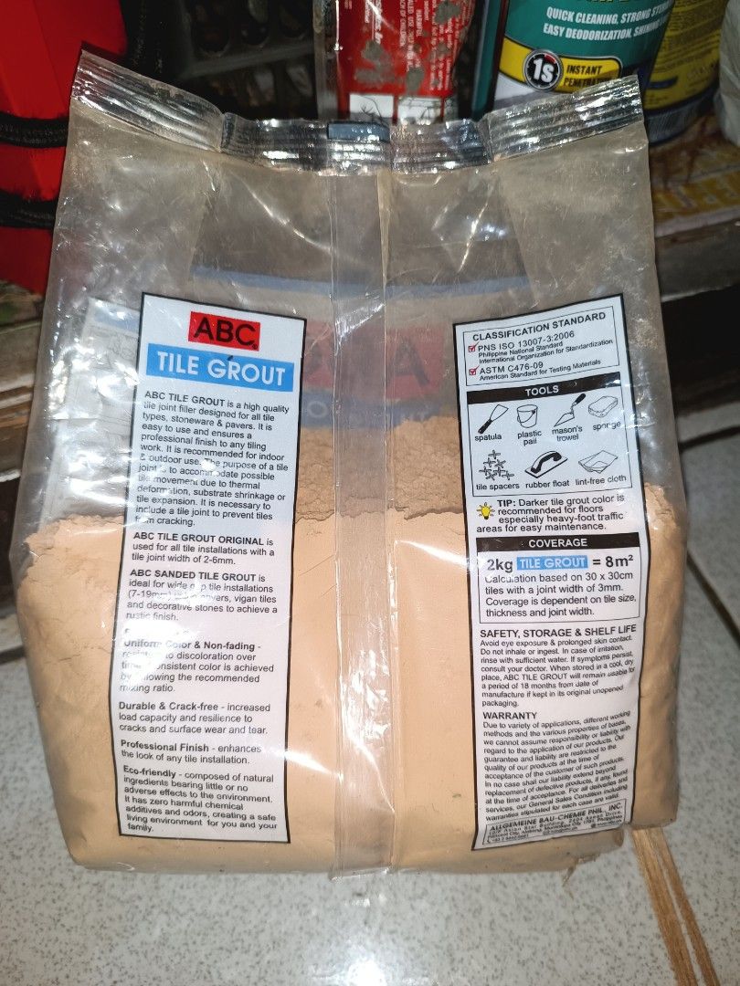 ABC Tile Grout 2kg Dark Beige F3 (Category: Construction & Building Materials) located in Quezon City. Submitted by lockie.e (Listing ID 1467703649, Image 2). Description: ABC Tile Grout in Dark Beige. 2kg bag, unopened packaging. Non-fading, crack-free, professional finish. Indoor and outdoor application areas like bathroom, kitchen, porch, terrace, pool, fountain. Mix with water or tile grout waterproofing. Covers approximately 8 square meters 
