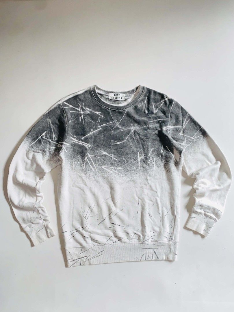 Acne Studios Gradient Spray Paint Sweatshirt (Category: Coats, Jackets and Outerwear) located in Tacurong. Submitted by jeype_ (Listing ID 1467612688, Image 1). Description: - Brand: Acne Studios -Authentic/Legit - Design: Grey and white gradient bleach splatter effect with V-stitch neckline - Material: Soft and cozy cotton fleece - Measurements: Chest width ~20.5-21", Length ~27" - Details: Ribbed collar, cuffs, and hem; clean interior and neck 