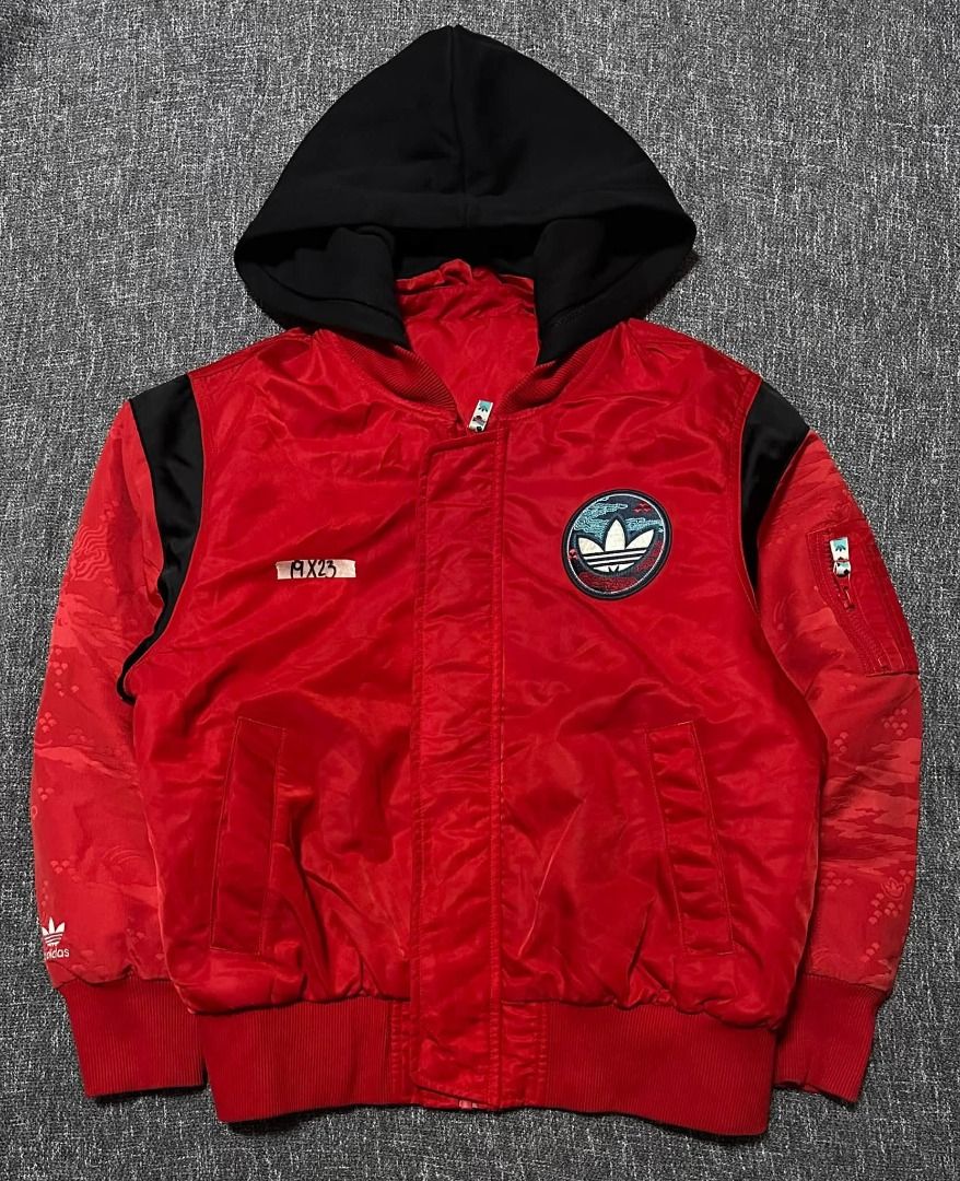 Adidas x Vintage satin jacket (Category: Babies & Kids Fashion) located in Manila. Submitted by thriftedbykab (Listing ID 1467704231, Image 1). Description: -Brand: ADIDAS -Complete tags -Size: (M) -Width: 19 | Length: 23 -Condition: As new -Color Rate: 9.8/10 -Issue: NEED WASH.