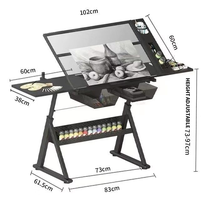 Adjustable Glass Drafting Table Drawing Desk With Light (Category: Tables & Sets) located in Manila. Submitted by royalowl_34d849 (Listing ID 1467751967, Image 2). Description: - Black drafting desk with adjustable glass tabletop and built-in overhead lamp - Multi-angle tilting main surface for drawing, drafting, or studying - Ample storage: built-in side compartments, pull-out drawers, and bottom mesh shelf - Sturdy and durable metal frame const